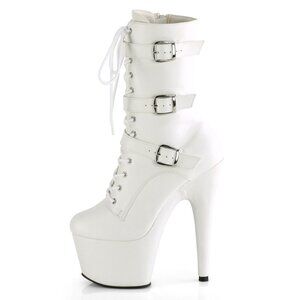 White Lace-Up Platform Ankle Boots with Triple Buckles